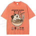 Unisex Ramen Cat Printed Washed Tee