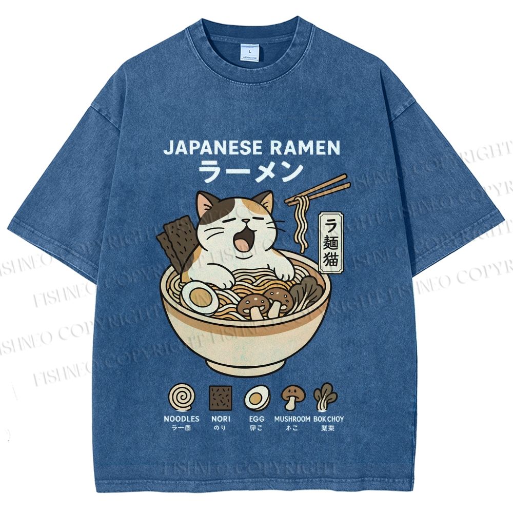 Unisex Ramen Cat Printed Washed Tee