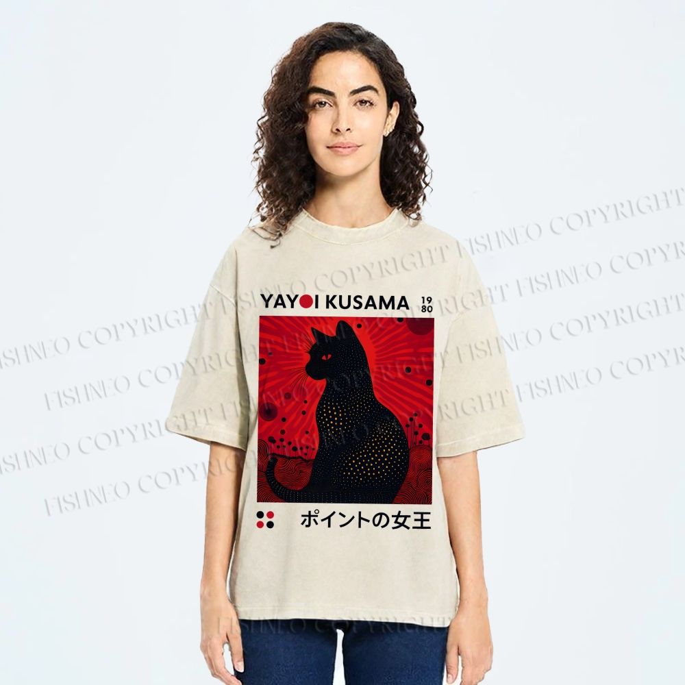 Unisex Yayoi Kusama Cat Printed Washed Tee