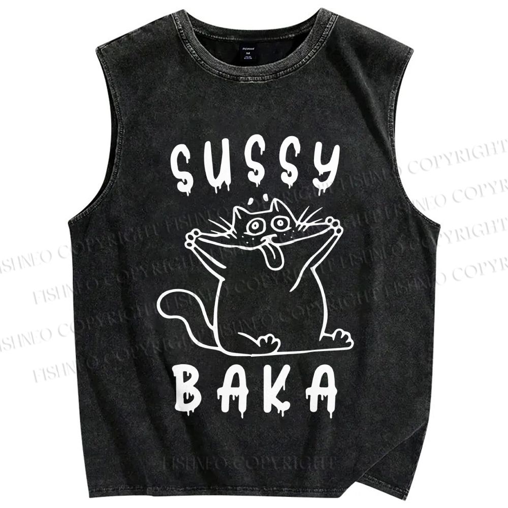 Unisex Sussy Baka Cat Printed Washed Tank Top