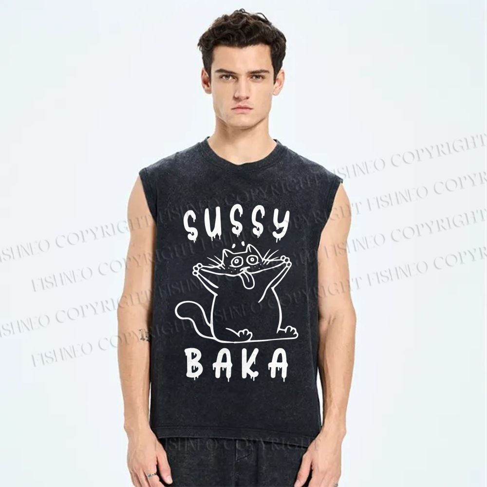Unisex Sussy Baka Cat Printed Washed Tank Top