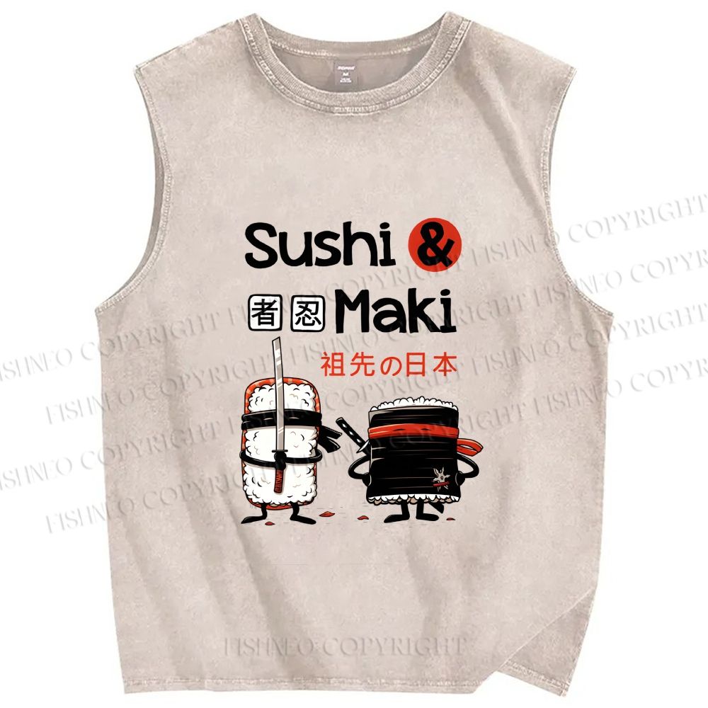 Unisex Sushi And Maki Printed Washed Tank Top