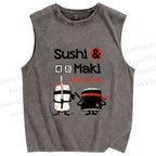 Unisex Sushi And Maki Printed Washed Tank Top