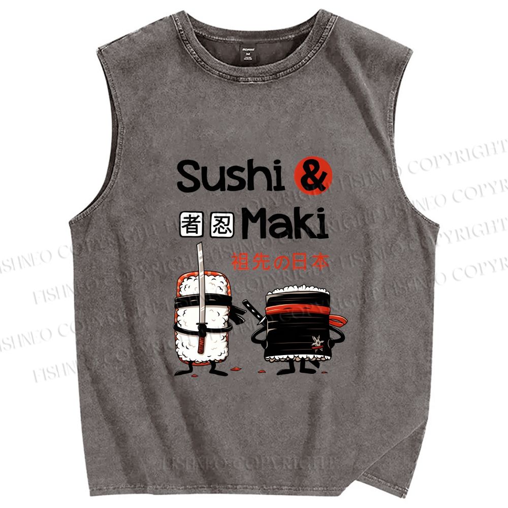 Unisex Sushi And Maki Printed Washed Tank Top