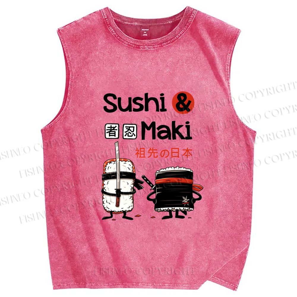 Unisex Sushi And Maki Printed Washed Tank Top