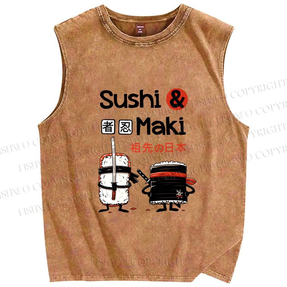 Unisex Sushi And Maki Printed Washed Tank Top