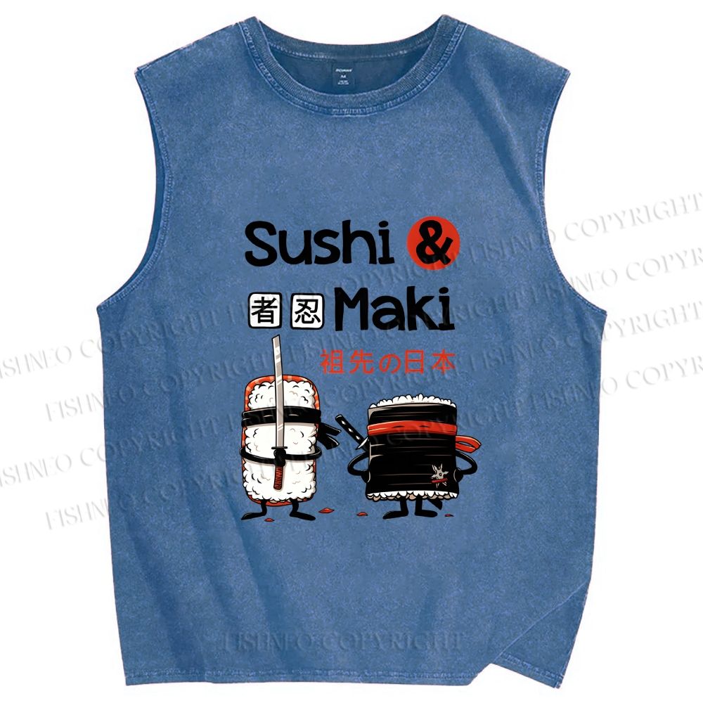 Unisex Sushi And Maki Printed Washed Tank Top