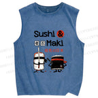 Unisex Sushi And Maki Printed Washed Tank Top