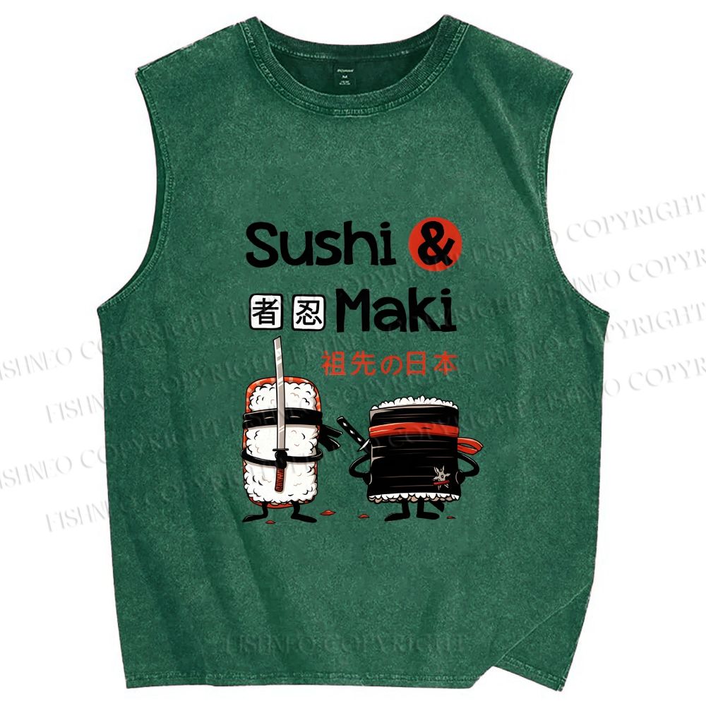 Unisex Sushi And Maki Printed Washed Tank Top