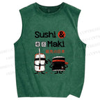 Unisex Sushi And Maki Printed Washed Tank Top