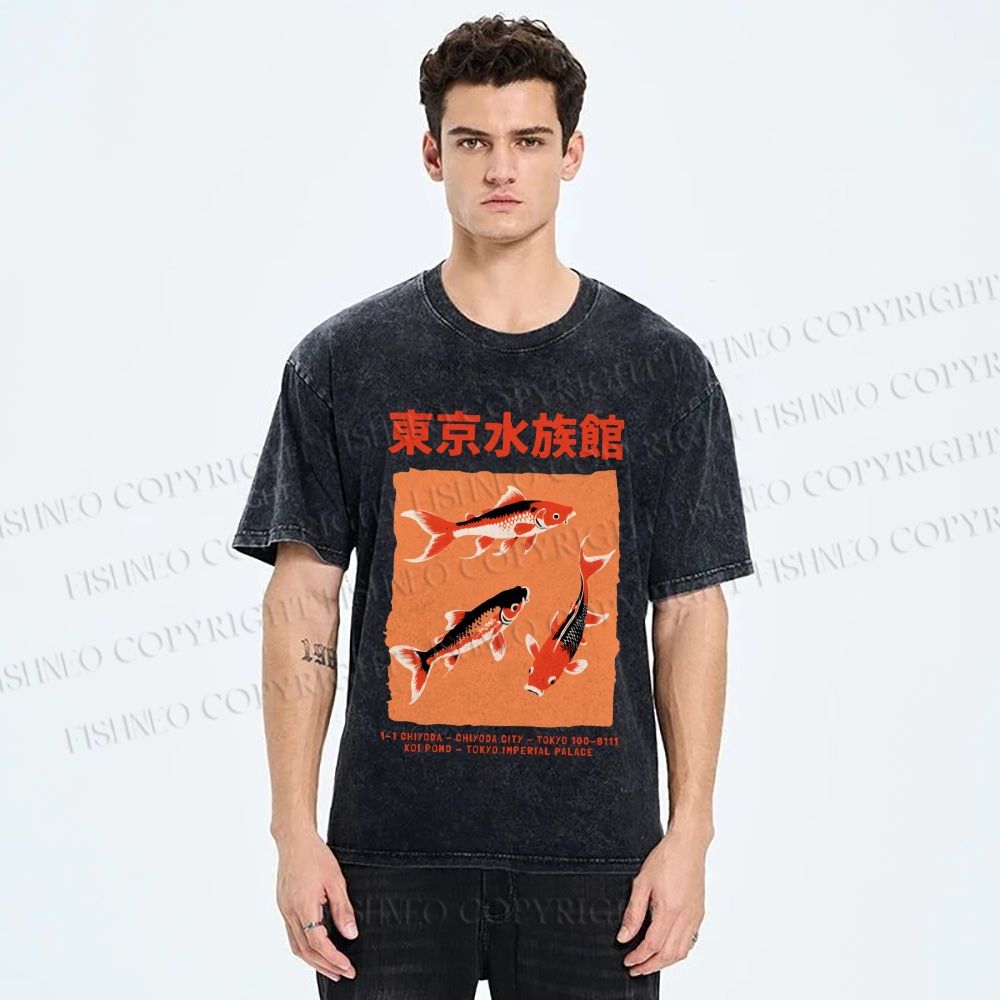Unisex Japanese Koi Fish Printed Washed Tee