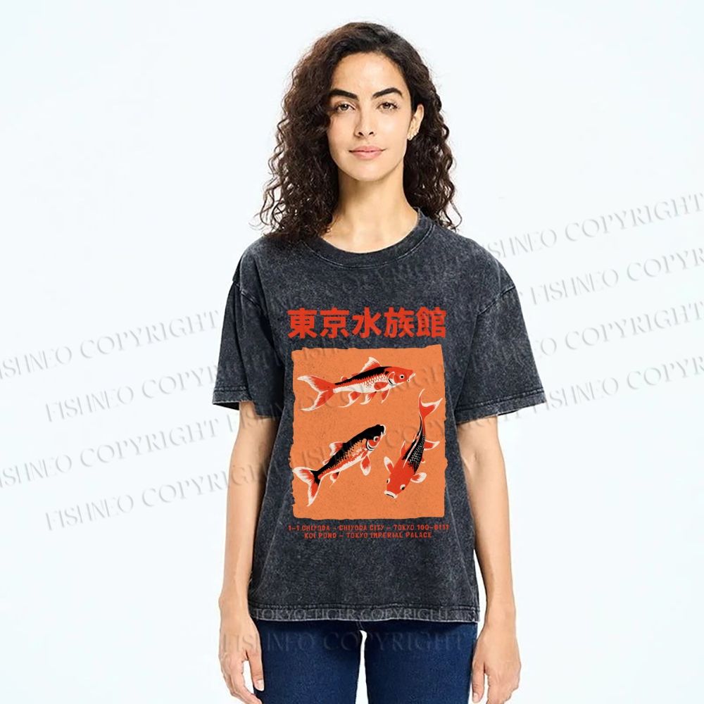 Unisex Japanese Koi Fish Printed Washed Tee