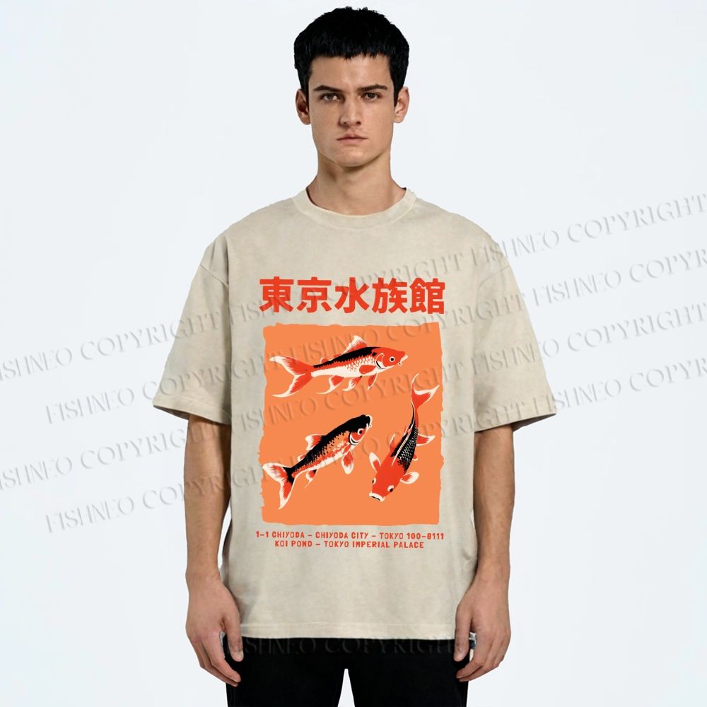 Unisex Japanese Koi Fish Printed Washed Tee