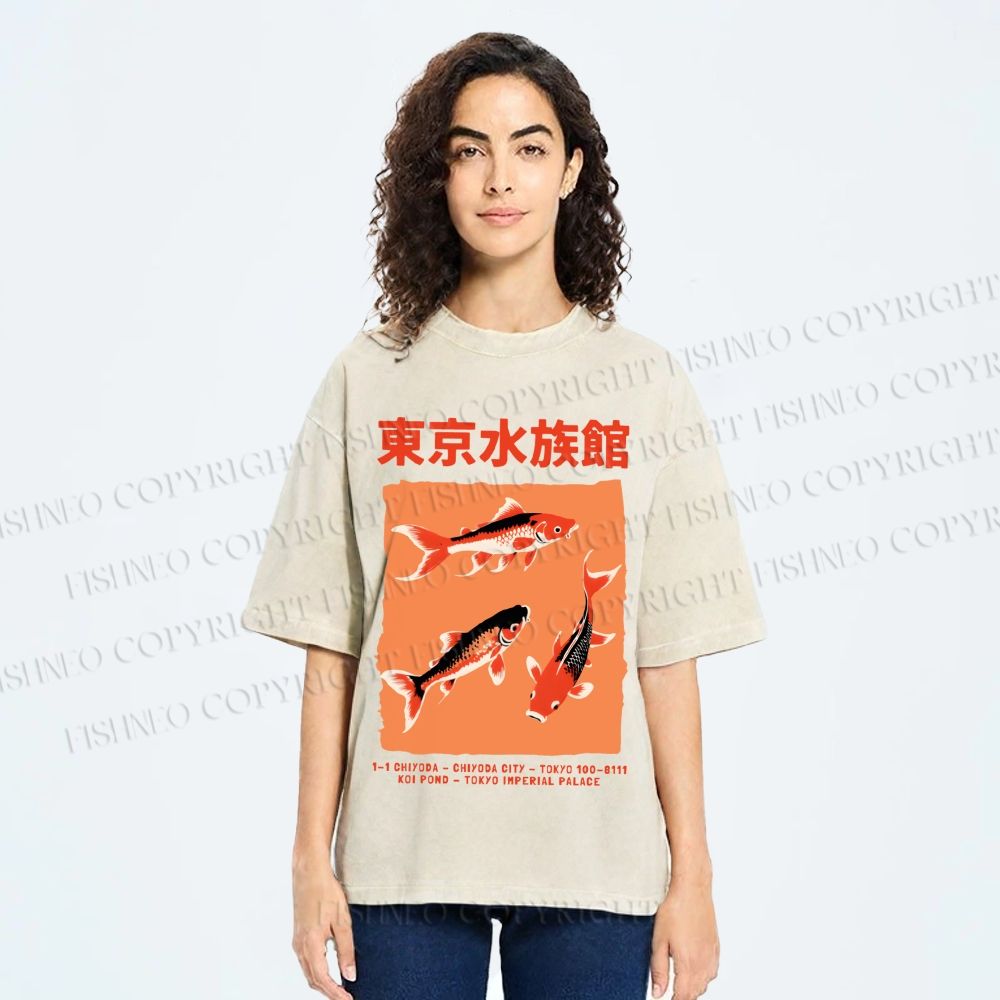 Unisex Japanese Koi Fish Printed Washed Tee