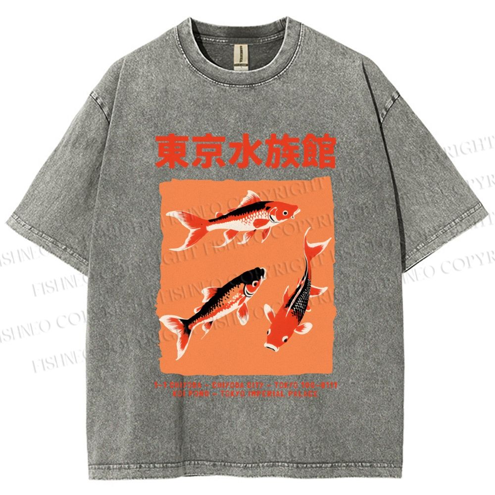 Unisex Japanese Koi Fish Printed Washed Tee