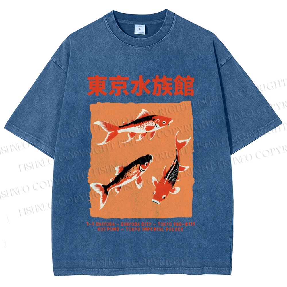 Unisex Japanese Koi Fish Printed Washed Tee