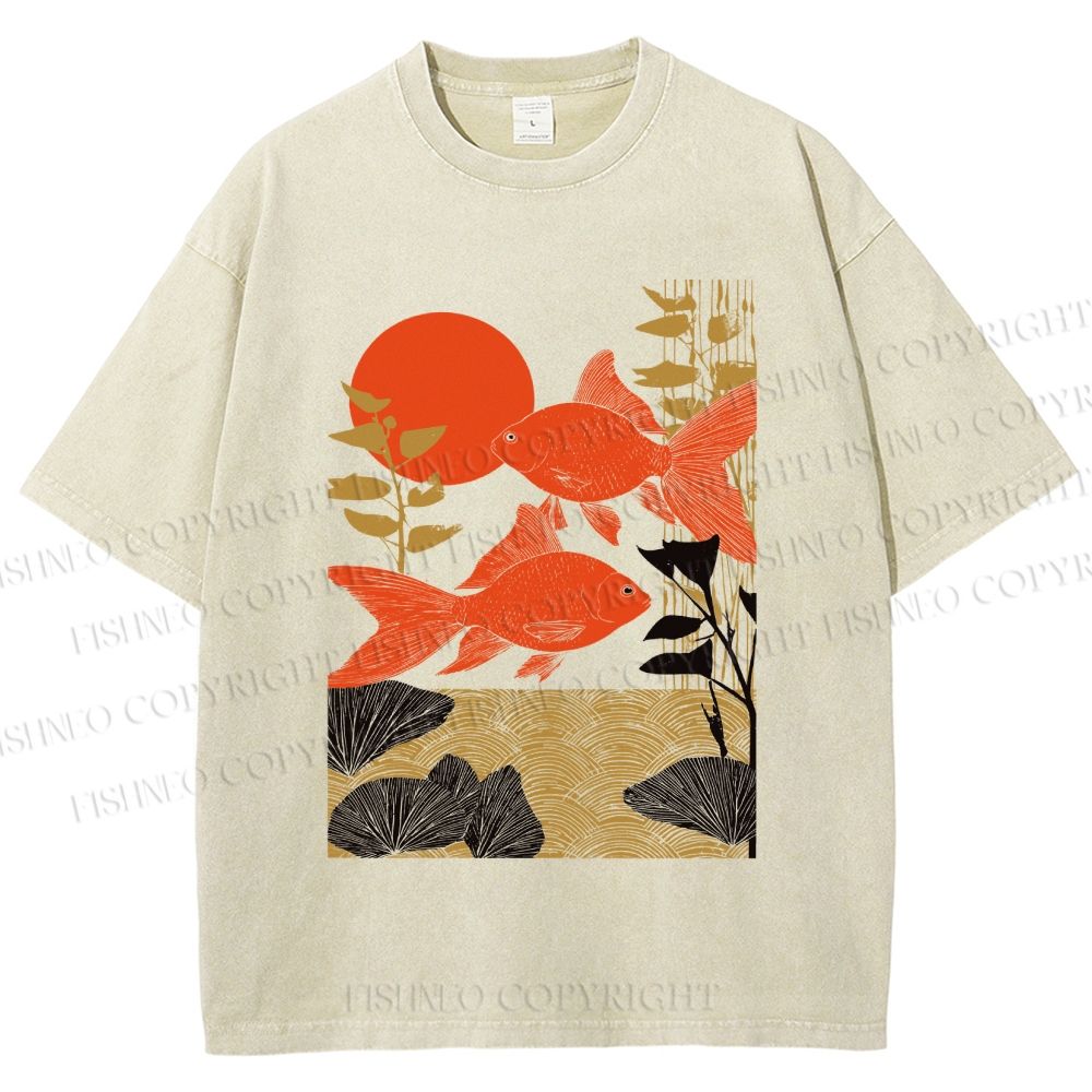 Unisex Vintage Koi Fish Printed Washed Tee