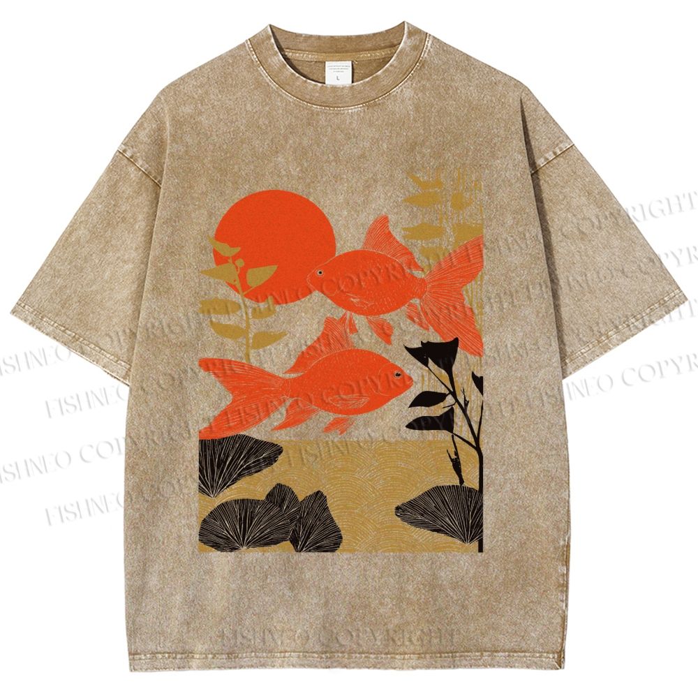 Unisex Vintage Koi Fish Printed Washed Tee