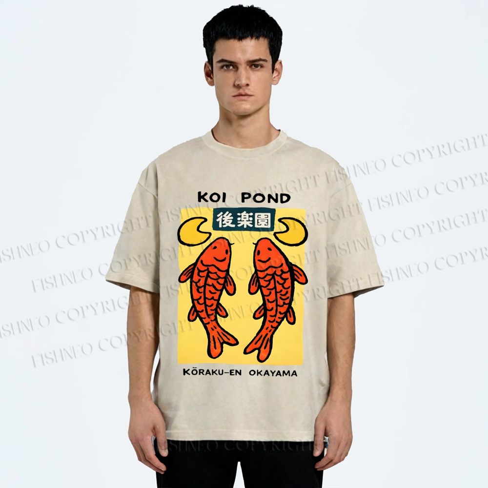 Unisex Koi Fish Pond Printed Washed Tee