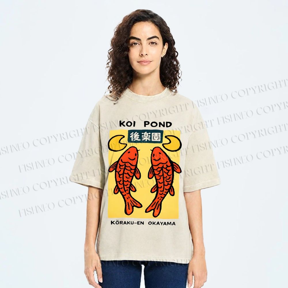 Unisex Koi Fish Pond Printed Washed Tee