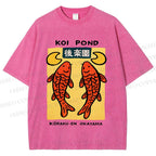 Unisex Koi Fish Pond Printed Washed Tee