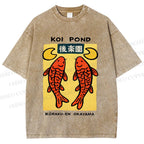 Unisex Koi Fish Pond Printed Washed Tee