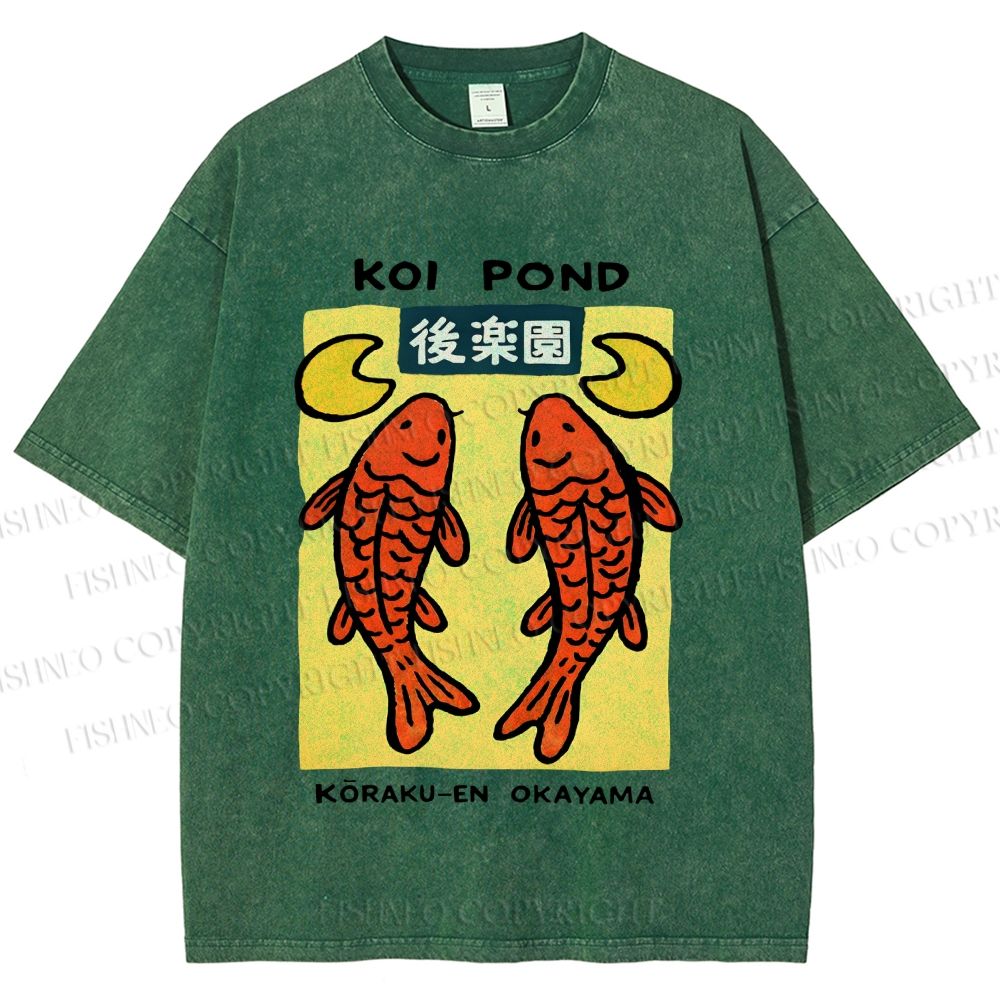 Unisex Koi Fish Pond Printed Washed Tee