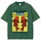 Unisex Koi Fish Pond Printed Washed Tee