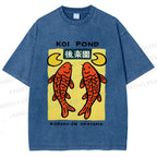 Unisex Koi Fish Pond Printed Washed Tee