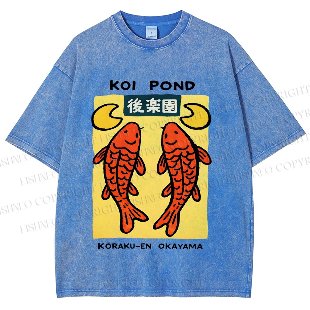 Unisex Koi Fish Pond Printed Washed Tee