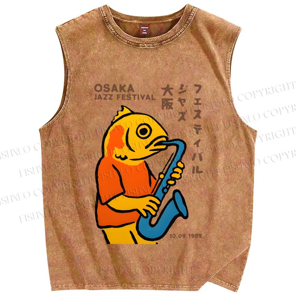 Unisex Osaka Fish Band Printed Washed Tank Top