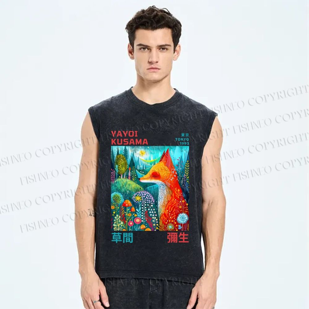 Unisex Yayoi Kusama Fox Printed Washed Tank Top