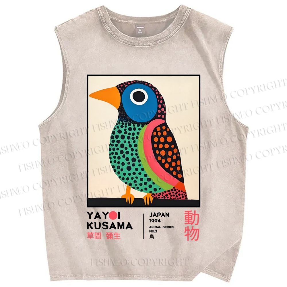 Unisex Yayoi Kusama Multicolor Bird With Dots Printed Washed Tank Top