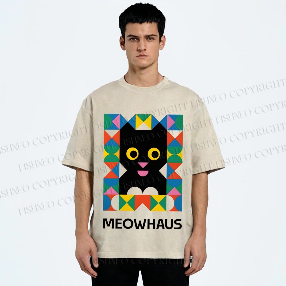 Unisex Meowhouse Color Geometry Printed Washed Tee