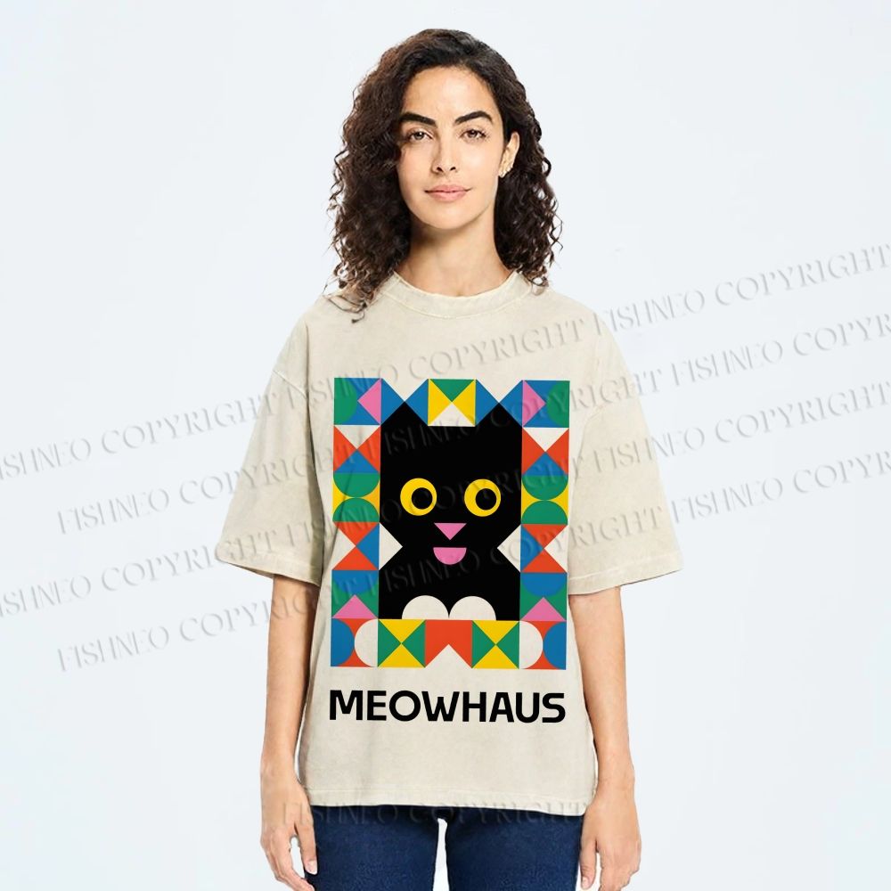 Unisex Meowhouse Color Geometry Printed Washed Tee