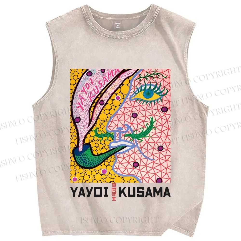 Unisex Yayoi Kusama Weird Face Printed Washed Tank Top