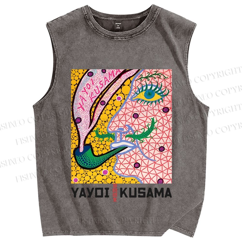 Unisex Yayoi Kusama Weird Face Printed Washed Tank Top