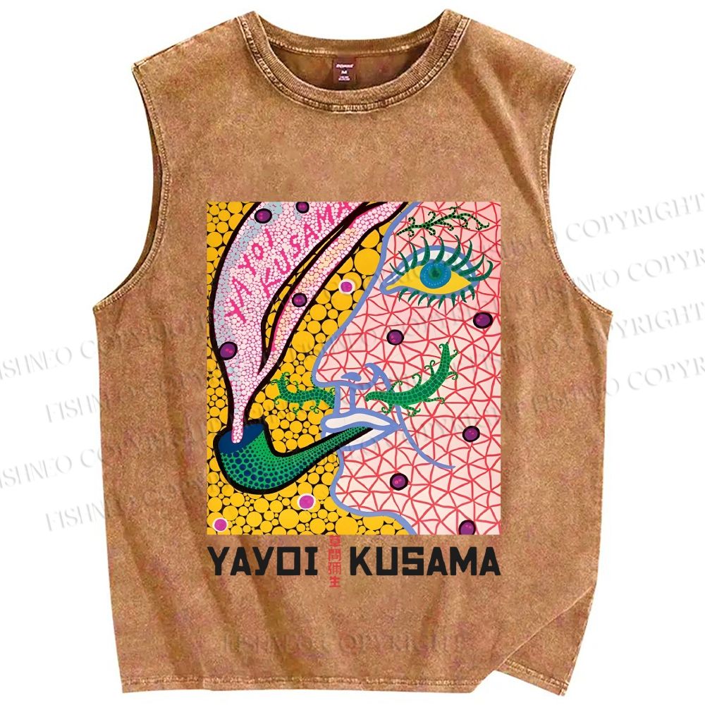 Unisex Yayoi Kusama Weird Face Printed Washed Tank Top