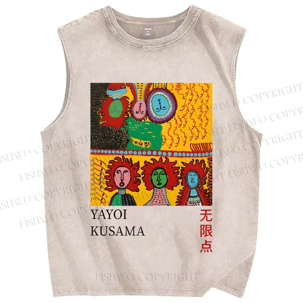 Unisex Yayoi Kusama Abstract Face Printed Washed Tank Top