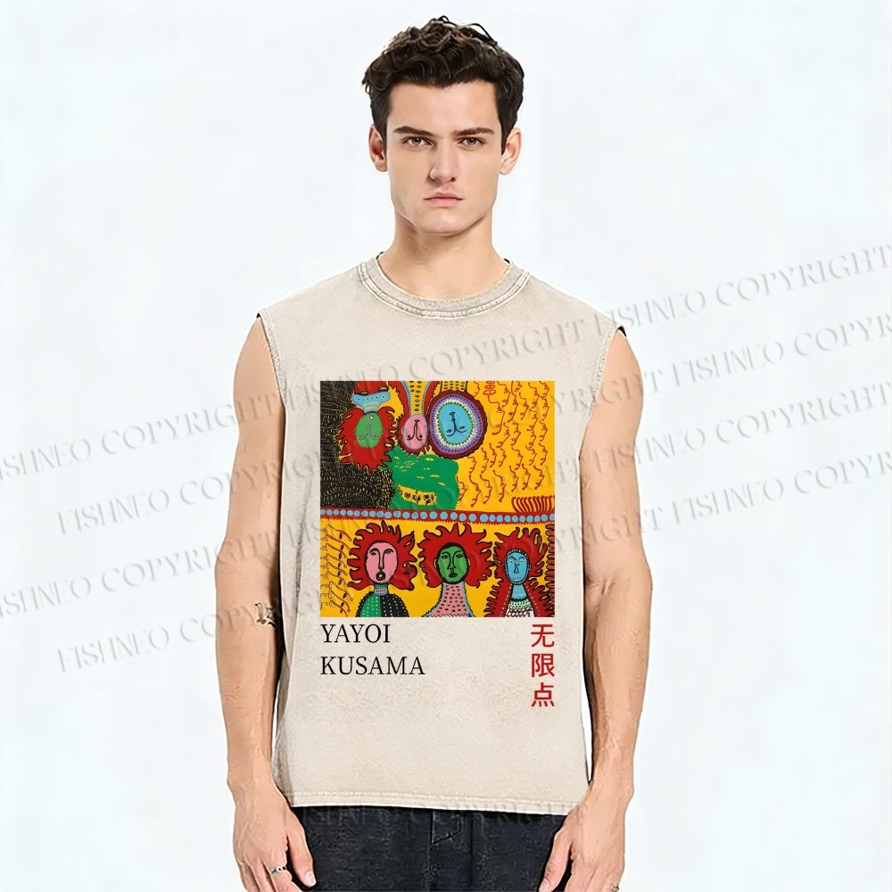 Unisex Yayoi Kusama Abstract Face Printed Washed Tank Top