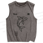 Unisex Koi Fish Printed Washed Tank Top