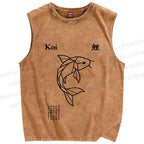 Unisex Koi Fish Printed Washed Tank Top