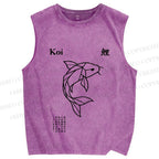 Unisex Koi Fish Printed Washed Tank Top