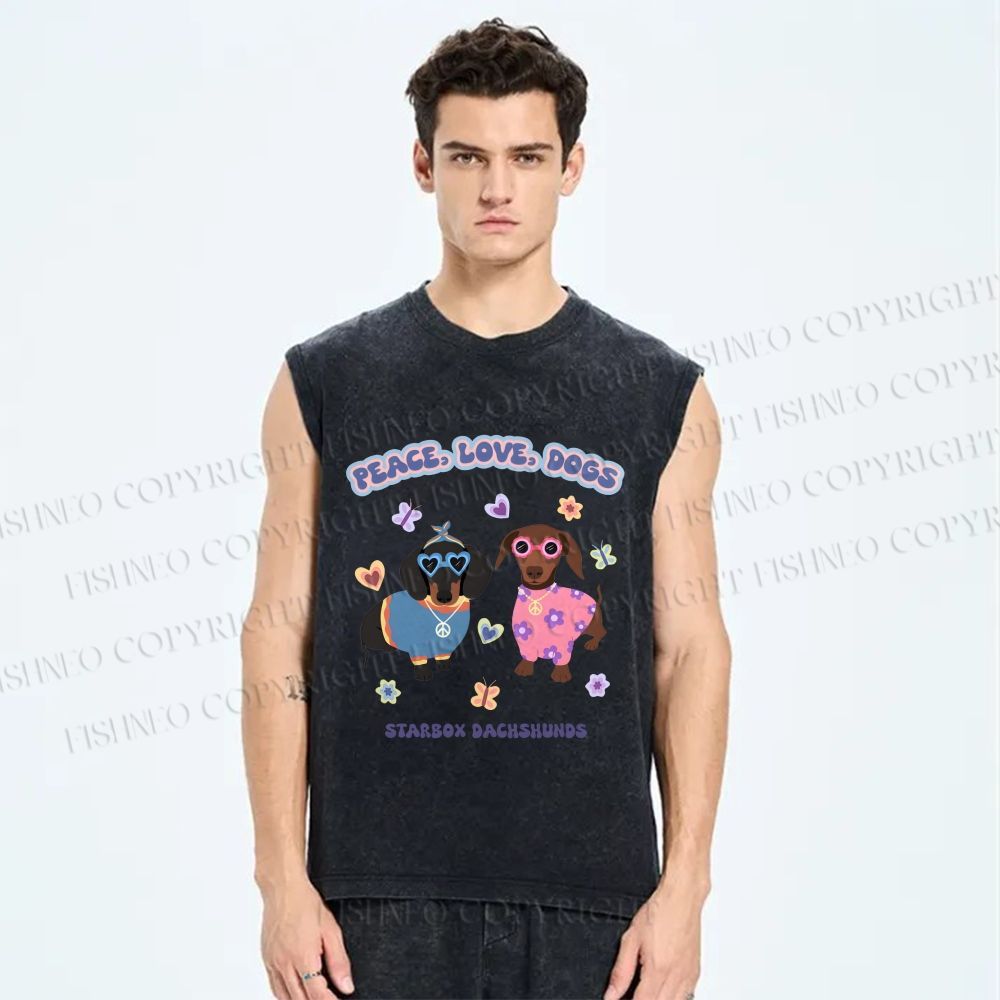 Unisex Peace Love Dogs Printed Washed Tank Top