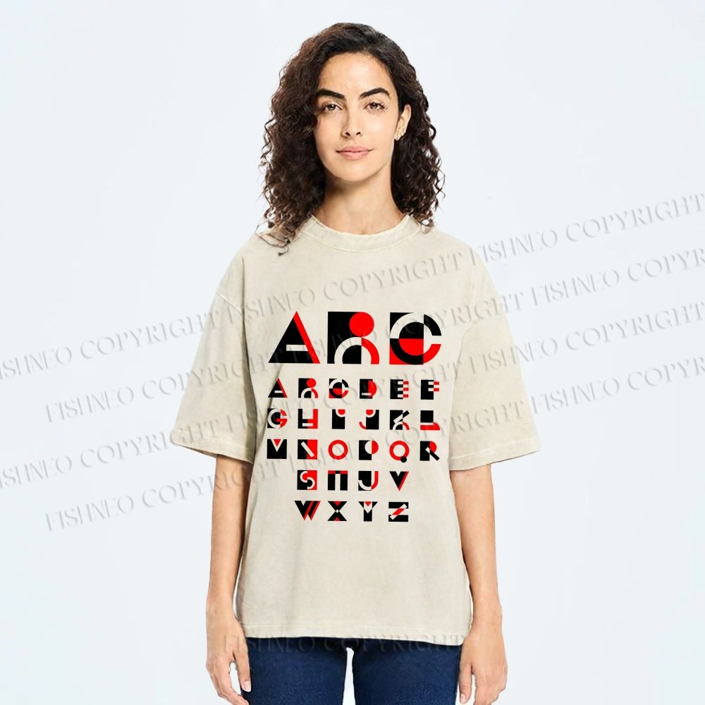 Unisex Bauhaus Abstract Alphabet Font Printed Washed Tee