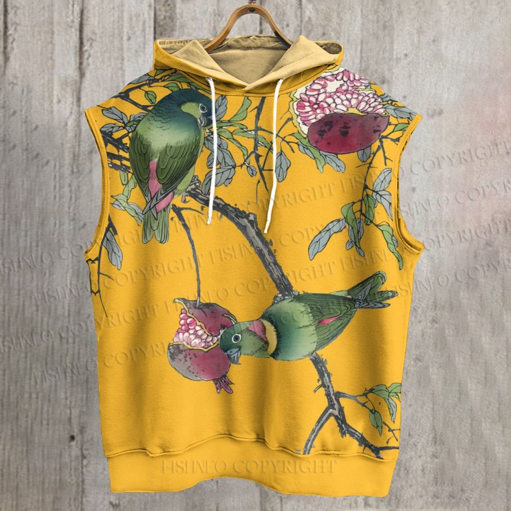 Unisex Vintage Bird in Tree Printed Sleeveless Hoodie