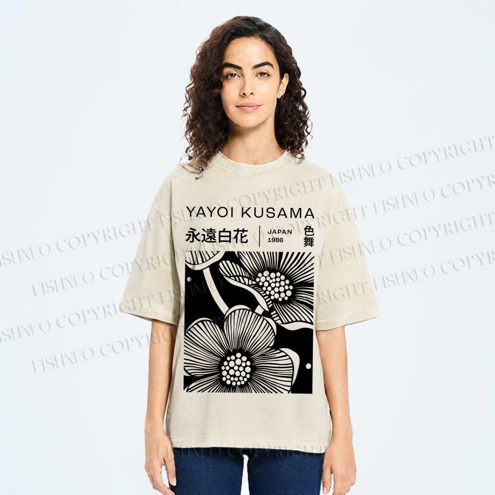 Unisex Yayoi Kusama Black Flower Printed Washed Tee