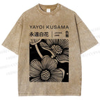 Unisex Yayoi Kusama Black Flower Printed Washed Tee