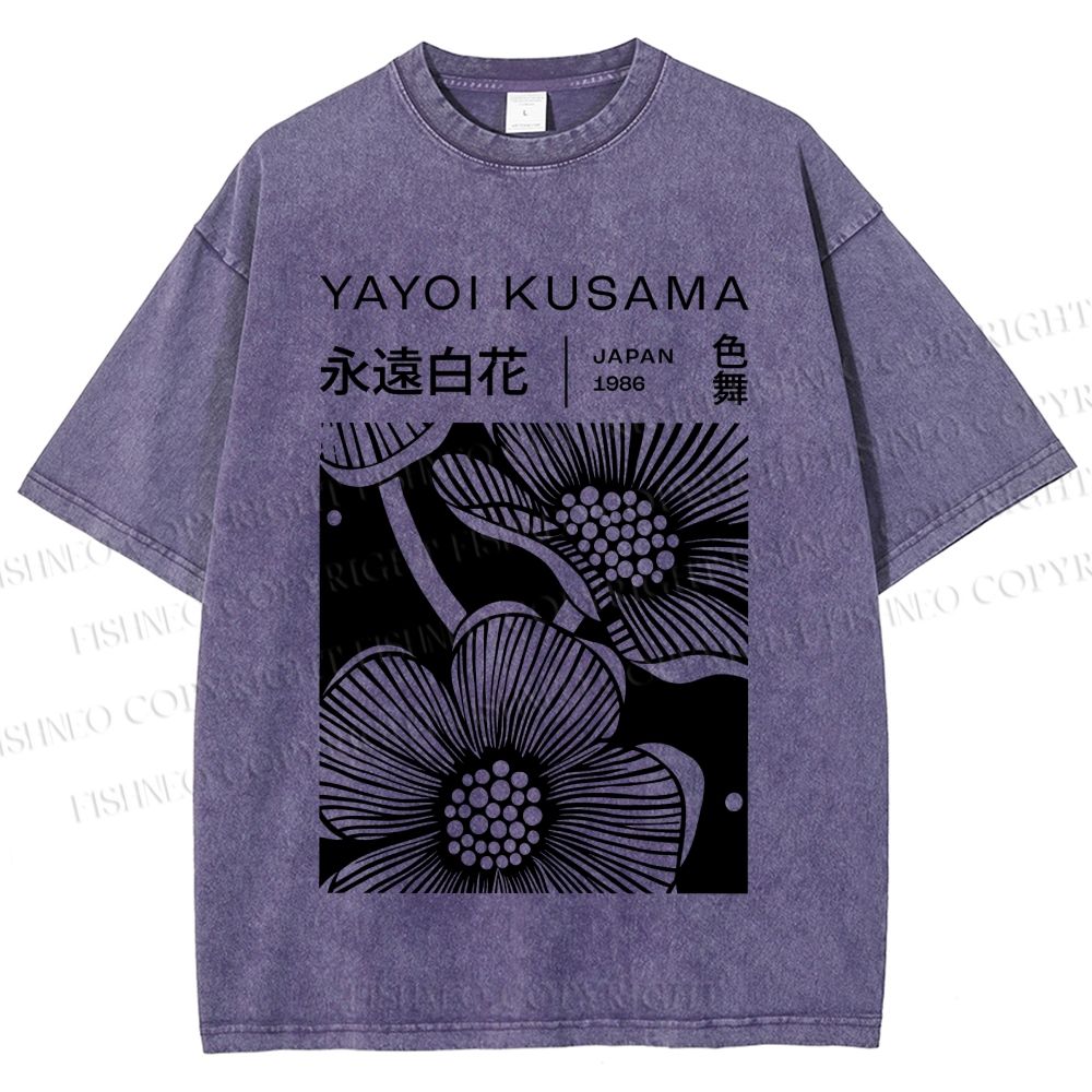 Unisex Yayoi Kusama Black Flower Printed Washed Tee
