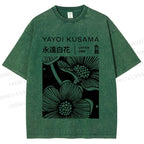 Unisex Yayoi Kusama Black Flower Printed Washed Tee